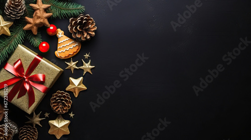  christmas decorations and presents on a black background with space for text. generative ai