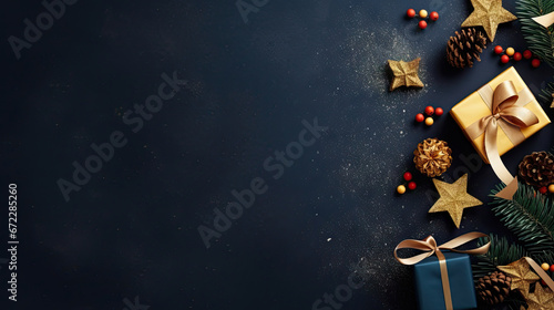  christmas presents and decorations on a dark background with space for text.  generative ai