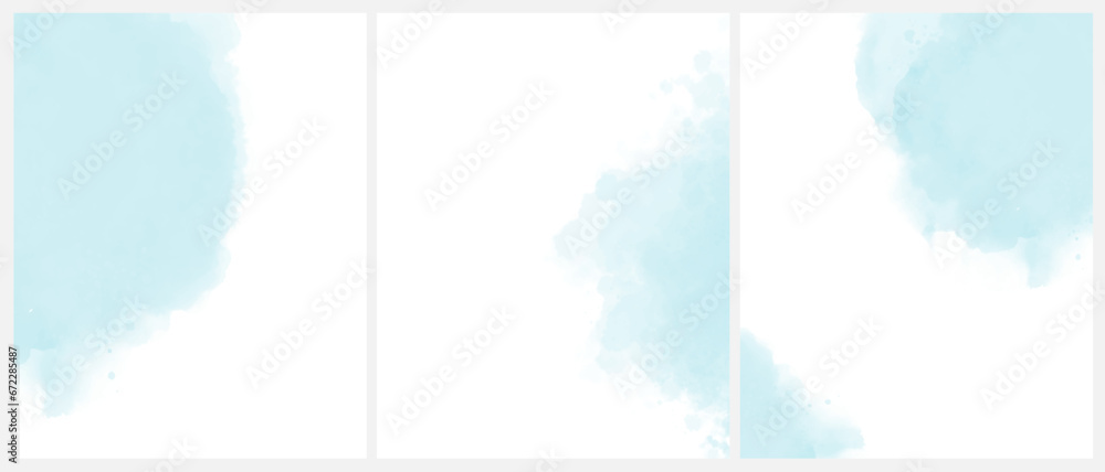 Obraz premium Set of 3 Delicate Abstract Watercolor Painting Style Vector Layouts. Light Ice Blue Paint Stains on a White Background. Pastel Blue Stains and Splatter Print with Copy Space. RGB Colors.