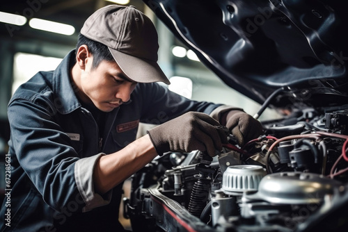 Asian Machanic repair a car engine in the garage autmotive wokshop. Generative Ai
