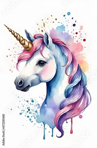 Watercolour Unicorn Head. Generative AI