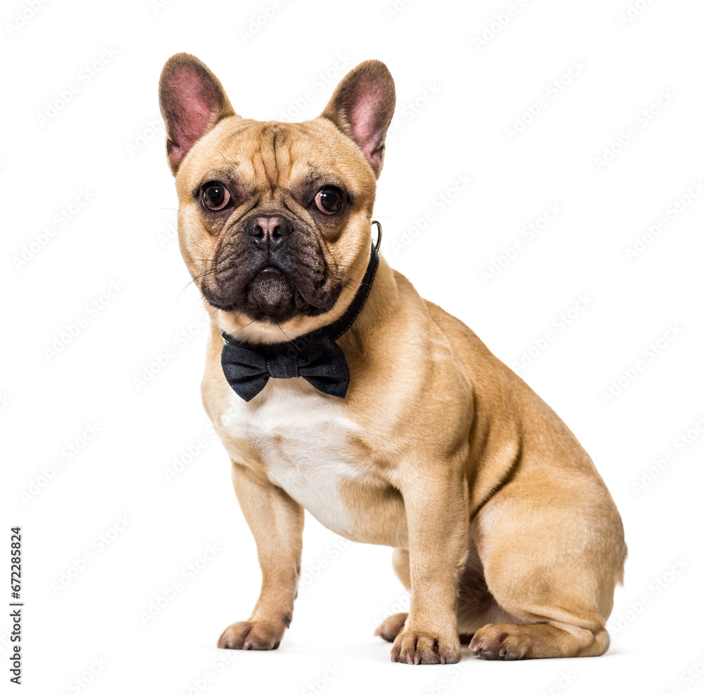 Sitting French bulldog dog wearing a bow tie, cut out