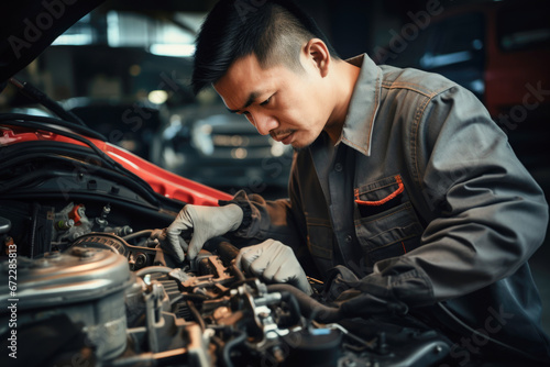 Asian Machanic repair a car engine in the garage autmotive wokshop. Generative Ai