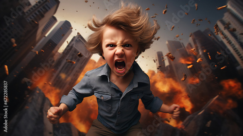 Angry kid screaming, angry child, angry young kid, being angry, destroying as a kid feelings photo