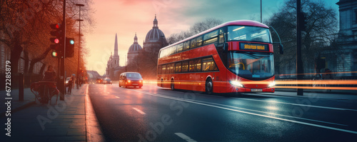 Red modern style London Doubledecker Bus in almost night city. photo