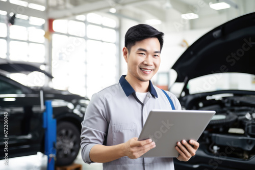 Wallpaper Mural Asian Machanic repair  a car engine doing car diagnostic wiht tablet in the garage autmotive wokshop. Generative Ai Torontodigital.ca