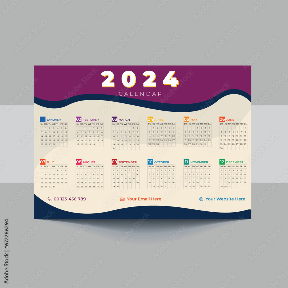 2024 Calendar template design. Week starts on Sunday office calendar ...