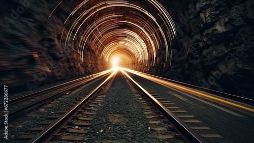 Light trails from a speeding train as it passes through a dark tunnel, emphasizing motion and speed