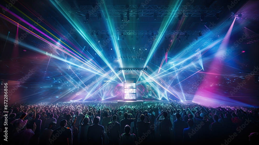 A concert venue filled with beams of colorful laser lights moving to the rhythm of music, representing the excitement of live performances - obrazy, fototapety, plakaty 
