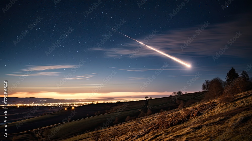 Obraz premium A light trail left by a meteor streaking across the night sky, symbolizing the dynamic and fleeting nature of celestial events
