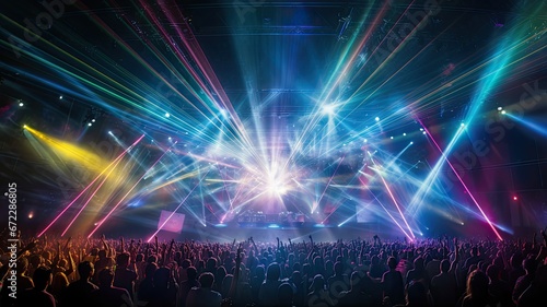 A concert venue filled with beams of colorful laser lights moving to the rhythm of music, representing the excitement of live performances