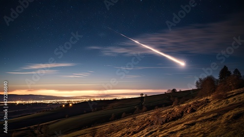 A light trail left by a meteor streaking across the night sky  symbolizing the dynamic and fleeting nature of celestial events