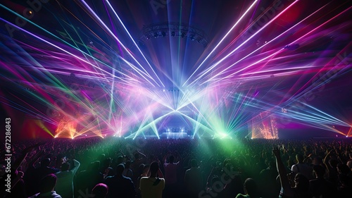 A concert venue filled with beams of colorful laser lights moving to the rhythm of music, representing the excitement of live performances