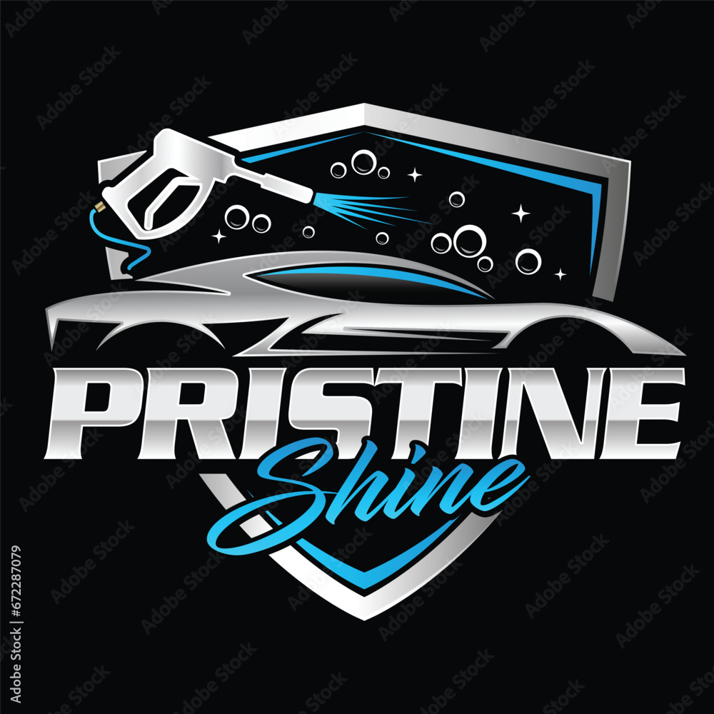 Obraz premium Vector illustration of a modern pristine shine logo with a car on the black background