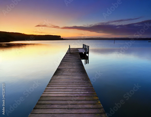 Tranquil Lakeside Pier at Sunrise