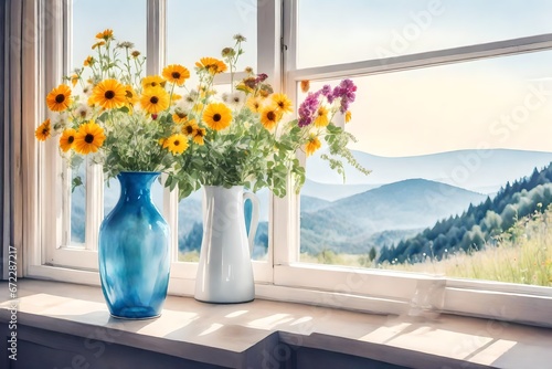 A single flower vase in a quaint countryside cottage, placed near an open window with a view of rolling hills and wildflowers