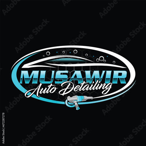Vector illustration of a modern auto detailing logo with a car on the black background