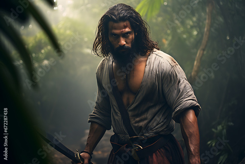 Fototapeta Naklejka Na Ścianę i Meble -  jungle dude, tarzan, tribal jungle person, explorer, junbgle man with machete