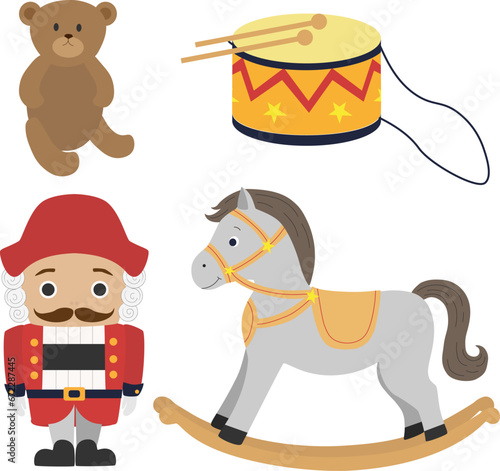 Nutcracker, rocking horse, drum and teddy bear vintage toys. Retro toys set