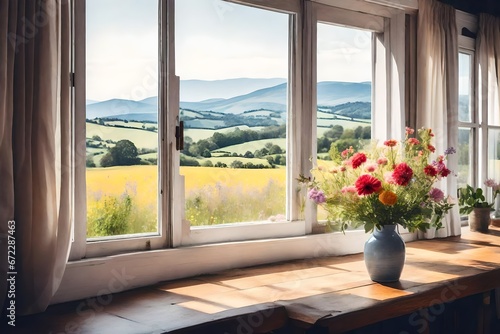 A single flower vase in a quaint countryside cottage  placed near an open window with a view of rolling hills and wildflowers