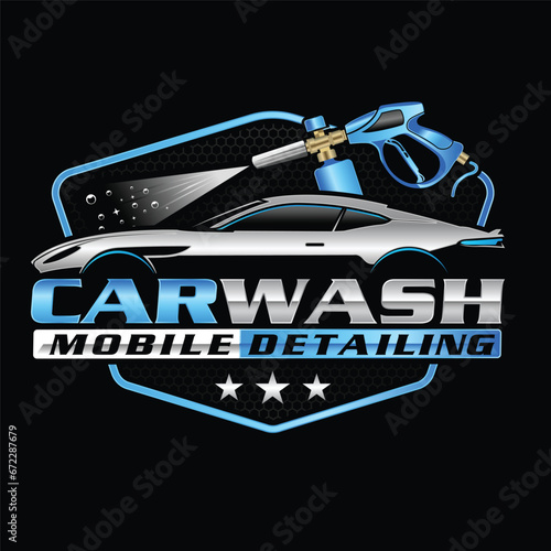 Vector illustration of a modern car wash logo with a car on the black background