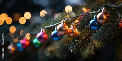 christmas decorations on spruce tree © sirisakboakaew