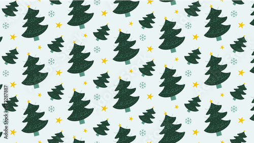 Motif hivernal avec des sapins de Noël, des flocons et des étoiles.