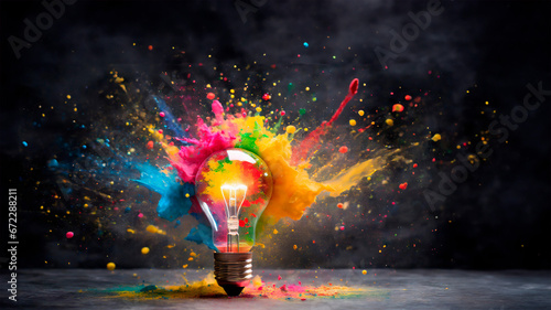 Creative light bulb explodes with colorful paint and splashes on a dark background. Idea, creativity, invention, thought.