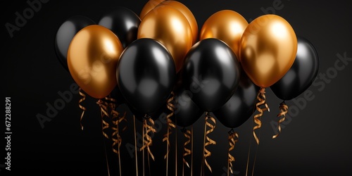 Golden balloons on black background.