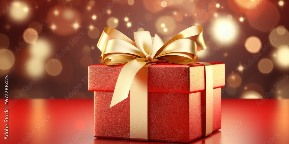 Golden paper gift box with ribbon on red background Golden paper gift box with ribbon on red background