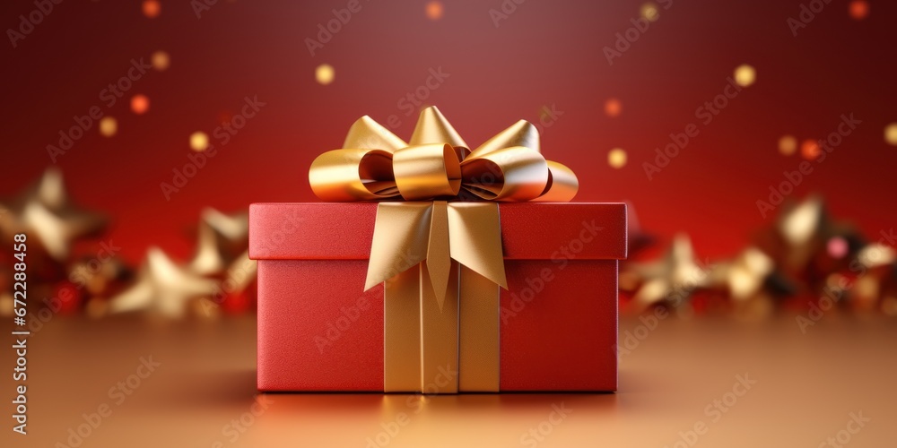 Golden paper gift box with ribbon on red background Golden paper gift box with ribbon on red background