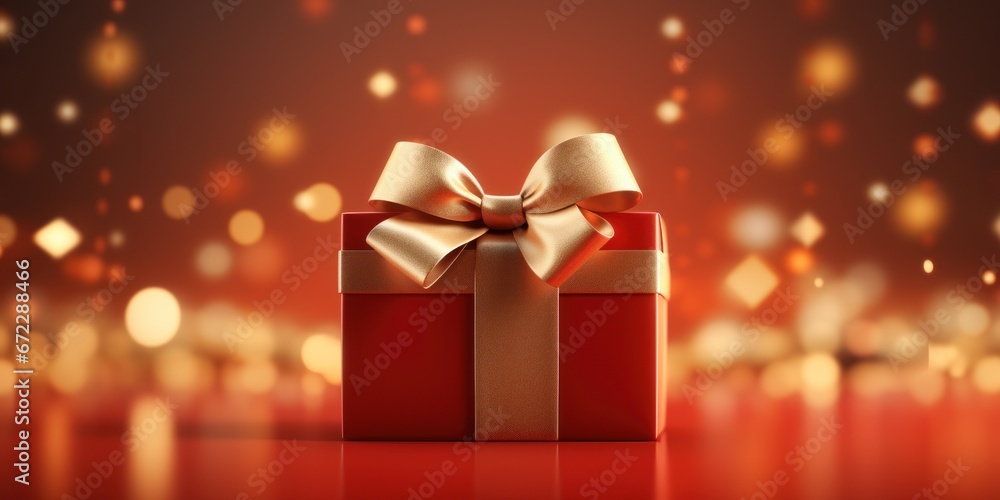 Golden paper gift box with ribbon on red background Golden paper gift box with ribbon on red background