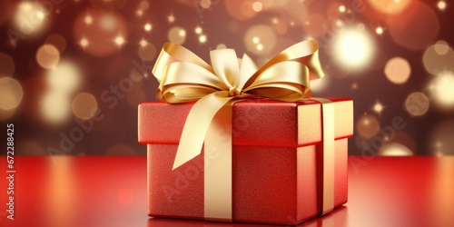 Wallpaper Mural Golden paper gift box with ribbon on red background Torontodigital.ca