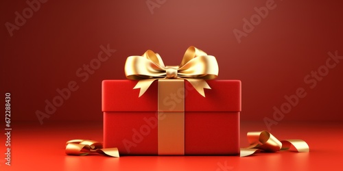 Wallpaper Mural Golden paper gift box with ribbon on red background Torontodigital.ca