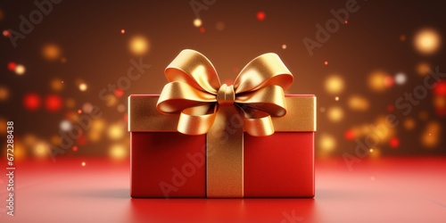 Golden paper gift box with ribbon on red background © sirisakboakaew