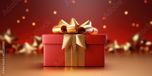 Wallpaper Mural Golden paper gift box with ribbon on red background Torontodigital.ca