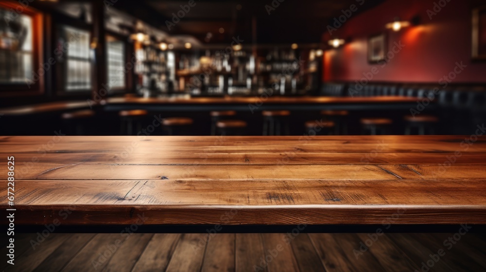 An empty wooden counter table top for product display in a pub or bar.