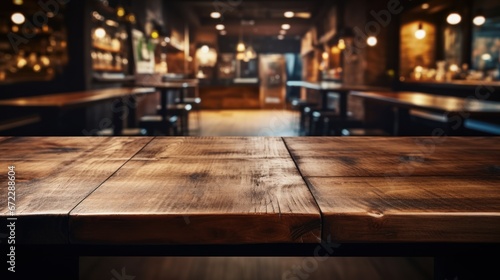 An empty wooden counter table top for product display in a pub or bar.