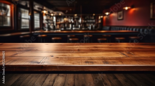 An empty wooden counter table top for product display in a pub or bar.