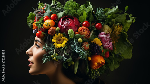 Portrait woman. Fresh vegetables in woman head symbolizing health nutrition. High quality photo.  © Creator