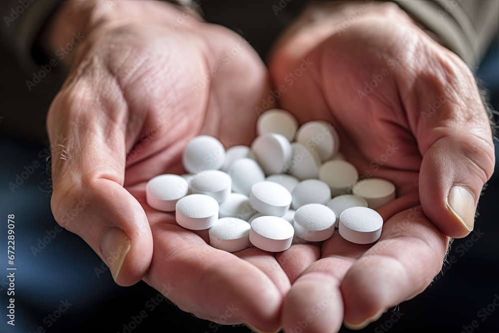 Many different pills, medications and tablets in hands. Generative Ai Many different pills, medications and tablets in hands. Generative Ai