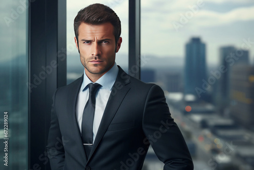 Stylish young businessman with short dark hair in a suit standing against the backdrop of vast cityscape from his office window