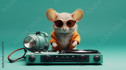  a small mouse wearing sunglasses and sitting on top of a turntable.  generative ai