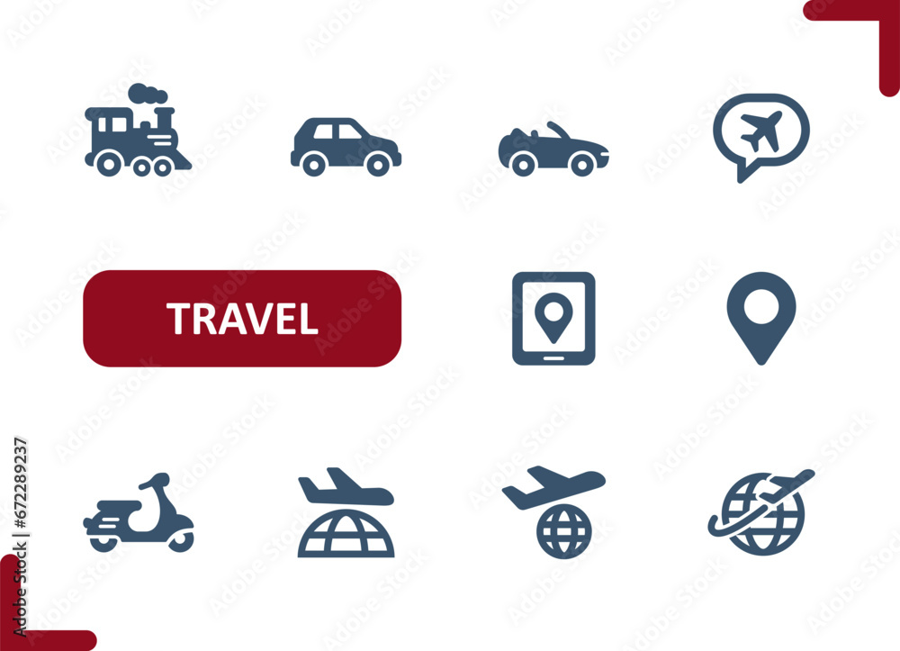 Travel Icons. Transportation, Tourism, Train, Car, Plane, Scooter, Destination, Location Icon