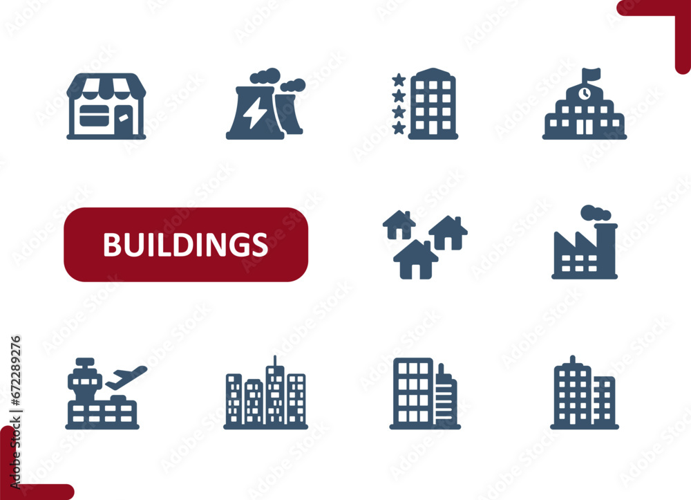 Buildings Icons. Building, Shop, Store, Factory, School, House, Skyscraper, Airport Icon