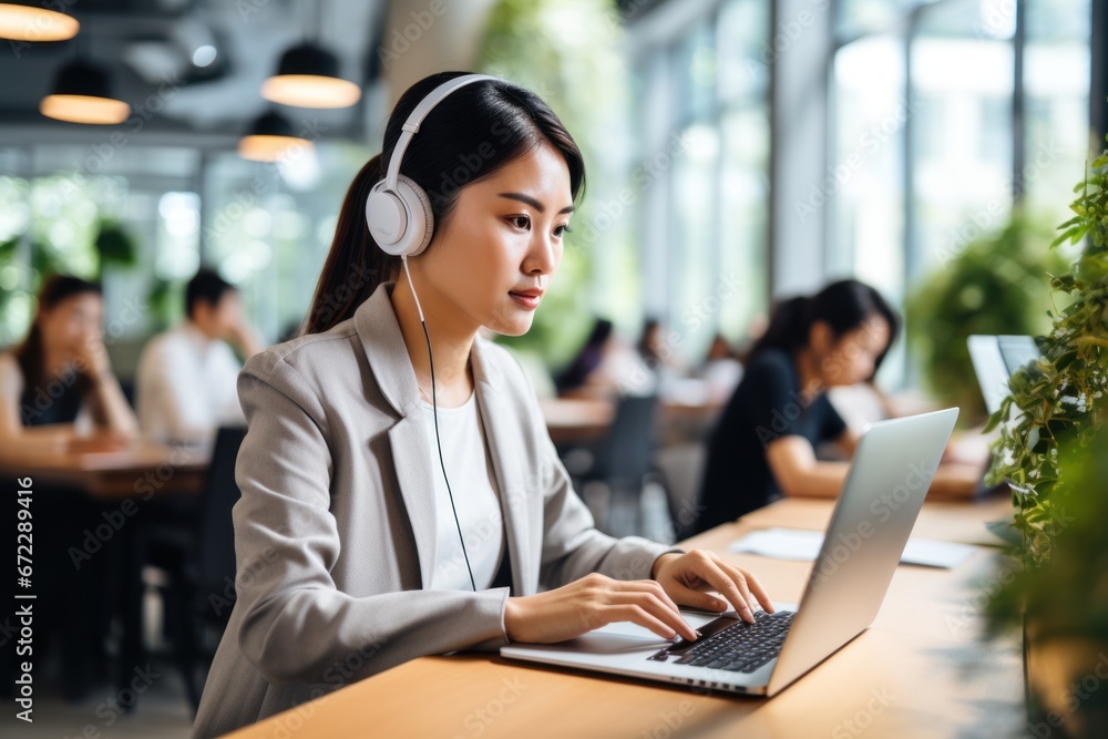 Business people wearing headset working in office to support remote customer or colleague. Call center Business people wearing headset working in office to support remote customer or colleague. Call center