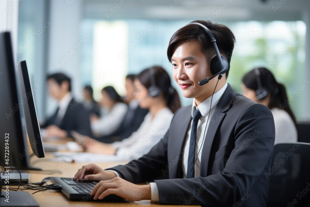 Business people wearing headset working in office to support remote customer or colleague. Call center Business people wearing headset working in office to support remote customer or colleague. Call center