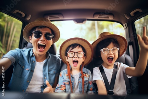 Cheerful family raising hands while enjoying road trip in electric car