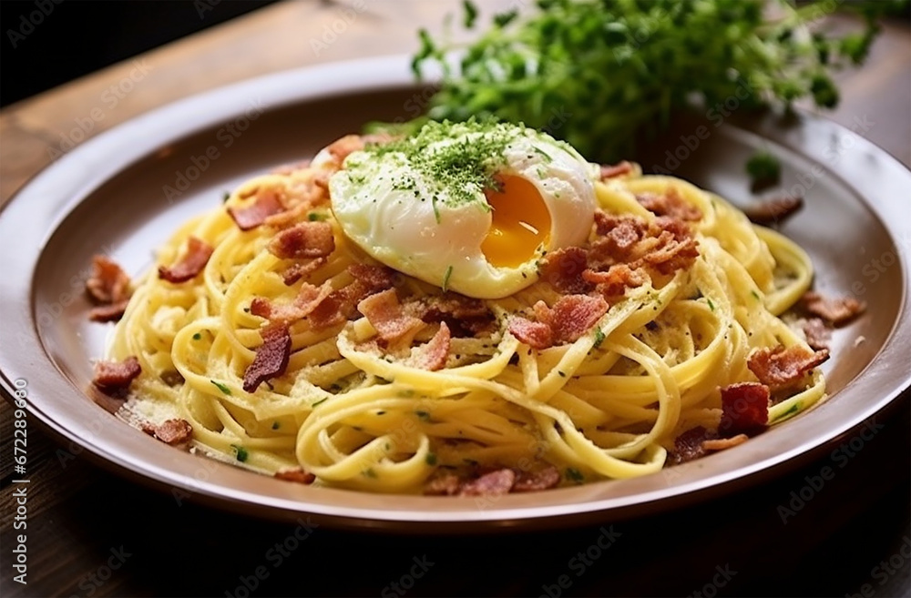 Pasta Carbonara, Italian dish featuring eggs, cheese, pancetta, and black pepper