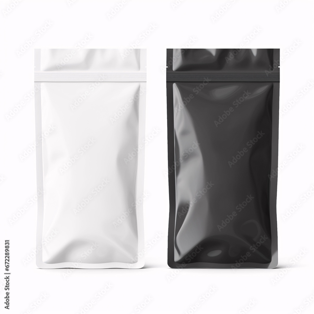 Foil plastic bags isolated on white background. Packaging template mockup collection. With clipping Path included. Aluminium coffee package.